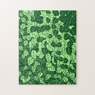 Japanese Leaf Print, Emerald and Lime Green Jigsaw Puzzle