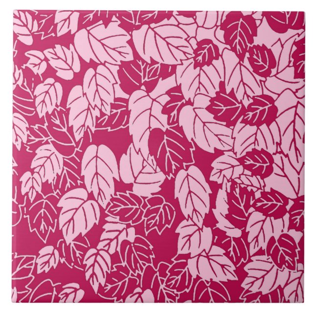 Japanese Leaf Print, Fuchsia and Light Pink Ceramic Tile (Front)