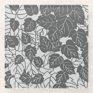 Japanese Leaf Print, Light and Dark Grey / Grey Glass Coaster
