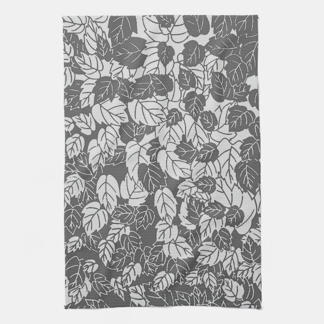 Japanese Leaf Print, Light and Dark Grey / Grey Tea Towel (Vertical)