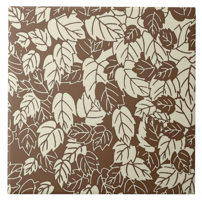 Japanese Leaf Print, Taupe Tan and Beige Ceramic Tile (Front)