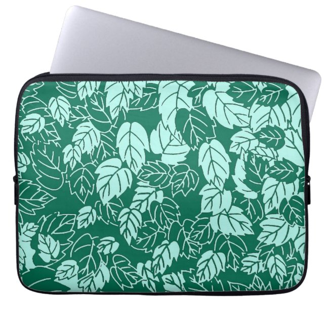 Japanese Leaf Print, Turquoise and Aqua Laptop Sleeve (Front)
