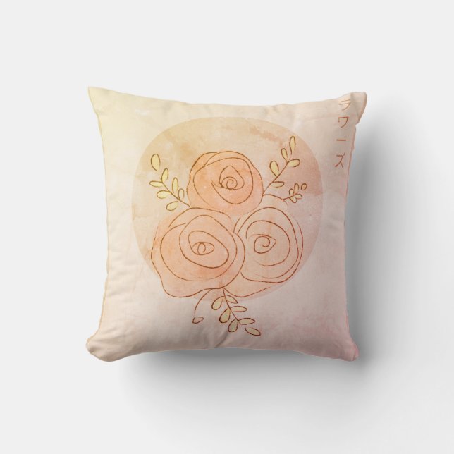 Japanese line art burnt amber roses   cushion (Front)