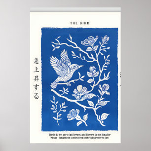 Japanese Linocut Bird Print Blue Floral Botanical