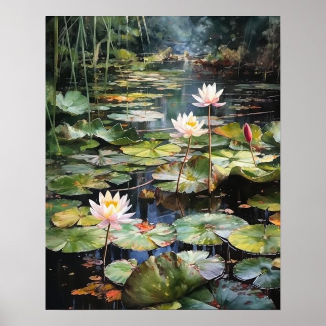 Japanese Lotus Flower Pond Art Print Poster (Front)