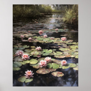 Japanese Lotus Flower Pond Art Print Poster