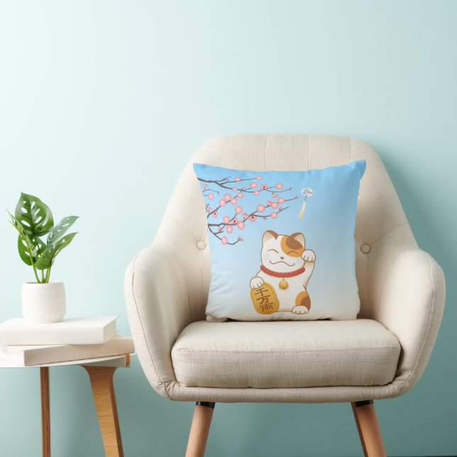 Japanese Lucky Calico Cat, Maneki Neko Cushion (Chair)