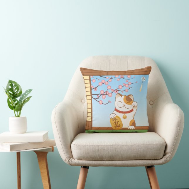 Japanese Lucky Calico Cat, Maneki Neko Cushion (Chair)