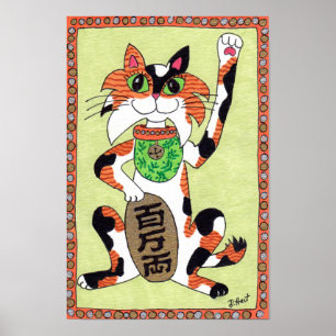 Japanese Lucky Calico Cat Maneki Neko Folk Art Poster