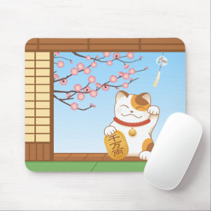 Japanese Lucky Calico Cat, Maneki Neko Mouse Pad