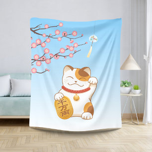 Japanese Lucky Calico Cat, Maneki Neko Sherpa Blanket