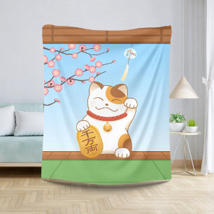 Japanese Lucky Calico Cat, Maneki Neko Sherpa Blanket