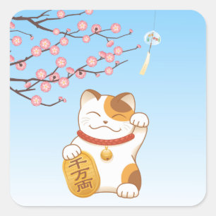 Japanese Lucky Calico Cat, Maneki Neko Square Sticker