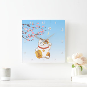 Japanese Lucky Calico Cat, Maneki Neko Square Wall Clock