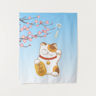 Japanese Lucky Calico Cat, Maneki Neko Tapestry