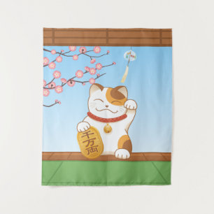 Japanese Lucky Calico Cat, Maneki Neko Tapestry