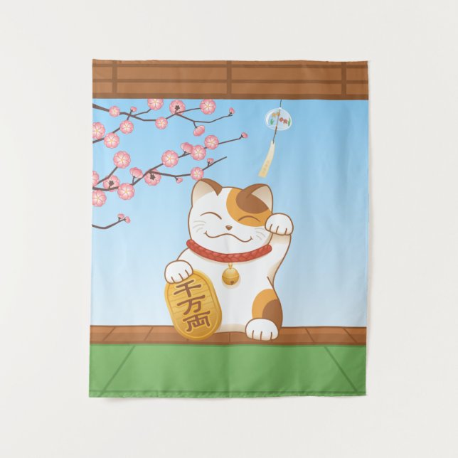 Japanese Lucky Calico Cat, Maneki Neko Tapestry (Front)