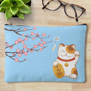 Japanese Lucky Cat, Calico Maneki Neko Accessory Pouch
