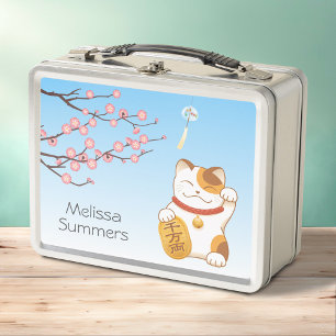 Japanese Lucky Cat, Calico Maneki Neko Metal Lunch Box