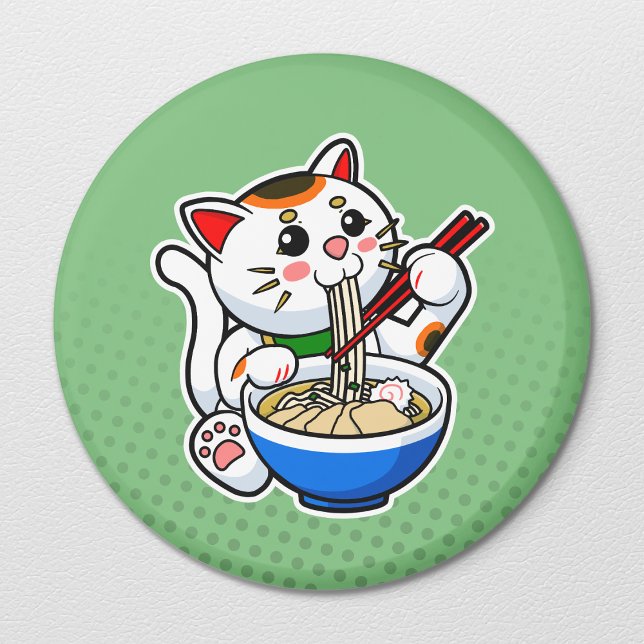 Japanese Lucky Cat Feasting on Ramen Magnet (Lucky Cat Ramen Magnet- Refrigerator View)