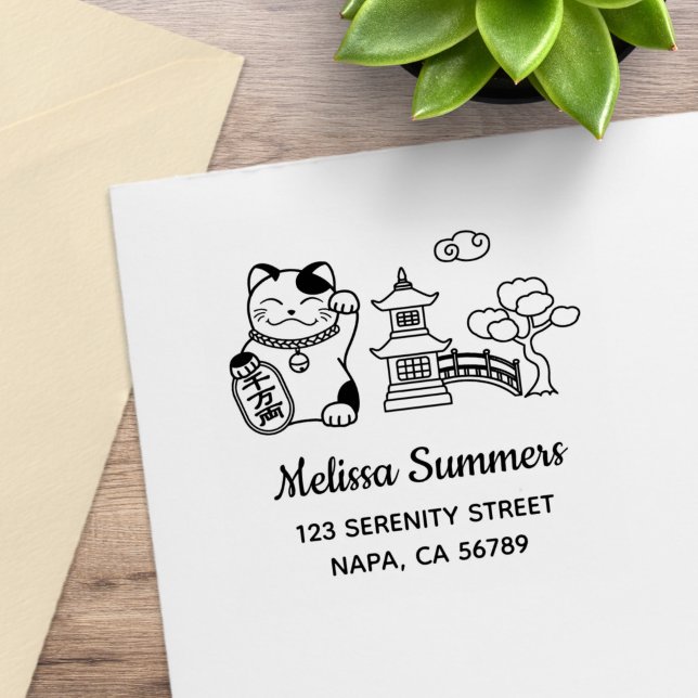 Japanese Lucky Cat, Maneki Neko Address 2 Rubber Stamp (Creator Uploaded)