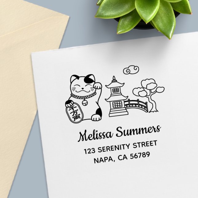 Japanese Lucky Cat, Maneki Neko Address 2 Self-inking Stamp (Creator Uploaded)