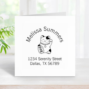 Japanese Lucky Cat, Maneki Neko Arch Address Rubber Stamp
