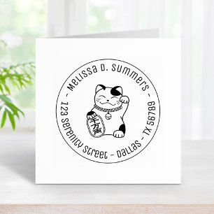Japanese Lucky Cat, Maneki Neko Round Address 3 Rubber Stamp