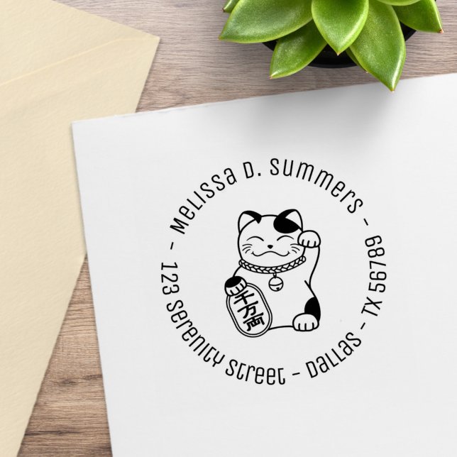 Japanese Lucky Cat, Maneki Neko Round Address 4 Rubber Stamp (Creator Uploaded)