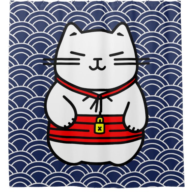 Japanese Lucky Cat or Maneki-Neko Shower Curtain (Front)