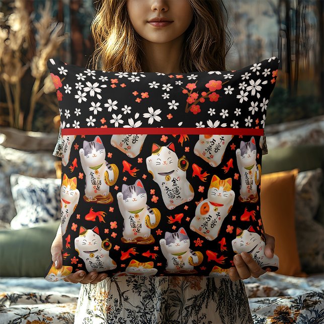 Japanese Lucky Cat Red Black Pillow Japanese Decor (Creator Uploaded)