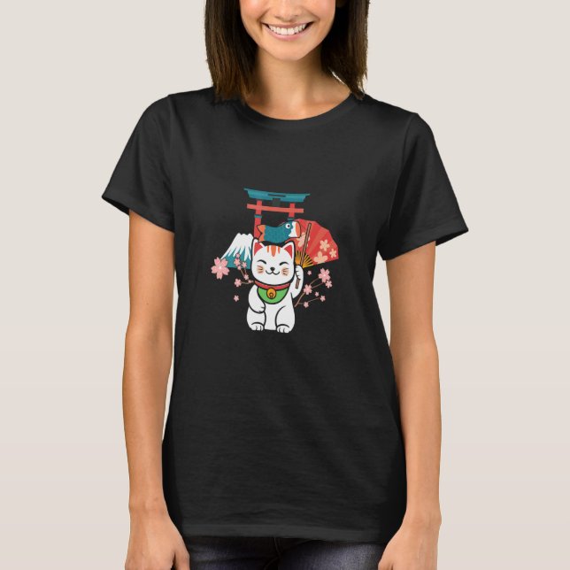 Japanese Lucky Cat Sakura Torii T-Shirt (Front)