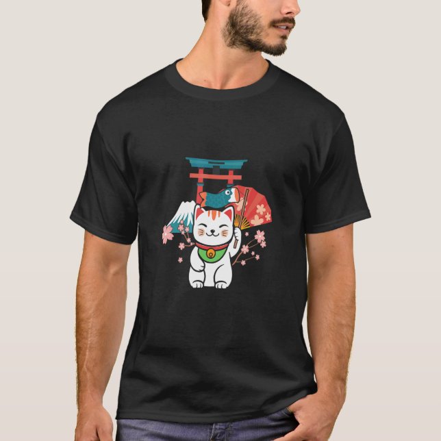 Japanese Lucky Cat Sakura Torii T-Shirt (Front)