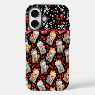 Japanese lucky cats and koi carp pattern on black iPhone 16 case