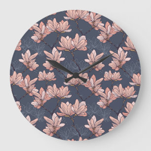 Japanese magnolia flowers, seamless, vintage style large clock