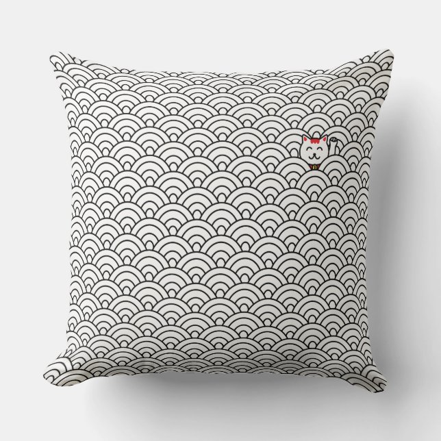 Japanese Maneki Neko and Seigaiha throw pillow (Front)
