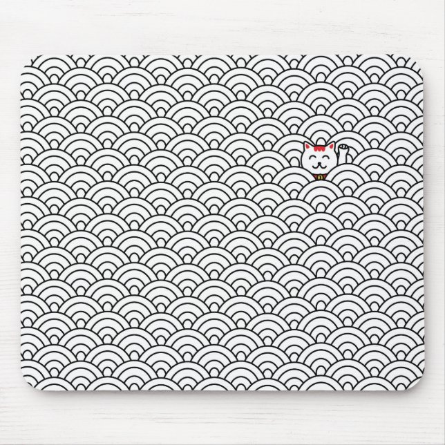 Japanese Maneki Neko and SeigaihaPattern Mouse Pad (Front)