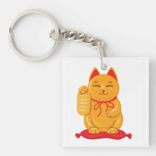 Japanese Maneki Neko Gold Cat, Symbol of Wealth Key Ring