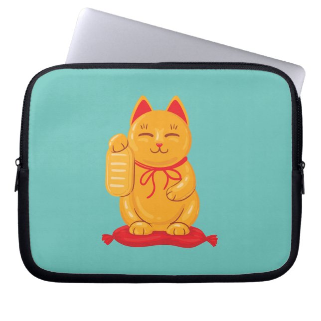 Japanese Maneki Neko Gold Cat, Symbol of Wealth Laptop Sleeve (Front)