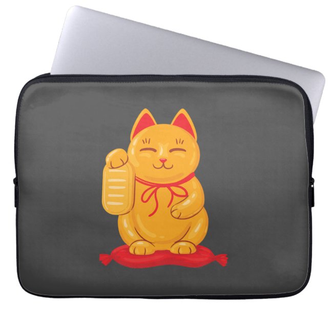 Japanese Maneki Neko Gold Cat, Symbol of Wealth Laptop Sleeve (Front)