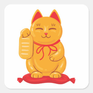 Japanese Maneki Neko Gold Cat, Symbol of Wealth Square Sticker