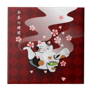 Japanese Maneki Neko Sakura Cat Teapot Rest Tile
