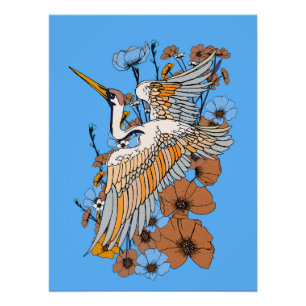 Japanese Manga Crane bird Poster