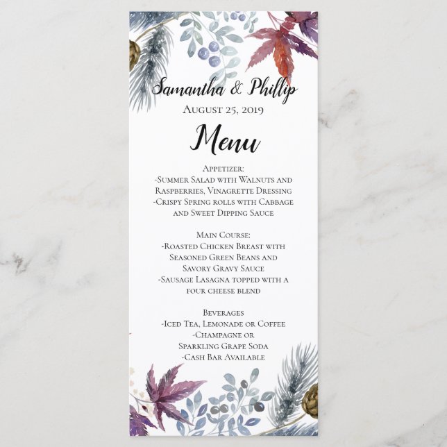 Japanese Maple Floral Watercolor Wedding Menu (Front)