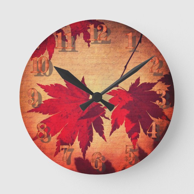 Japanese maple leaf and script fall orange red round clock (Front)