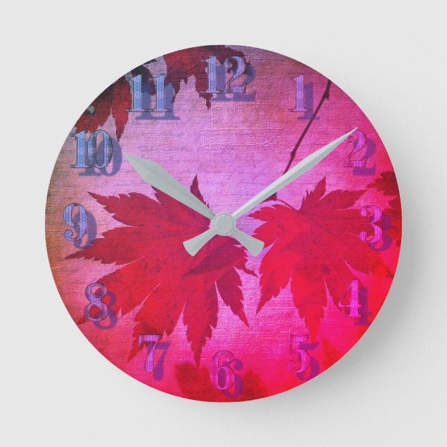 Japanese maple leaf and script fall pink purple  round clock (Front)