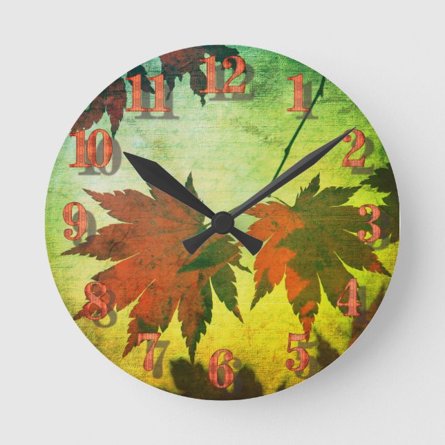 Japanese maple leaf and script fall red green round clock (Front)