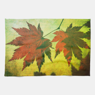 Japanese maple leaf script fall red green elegant tea towel
