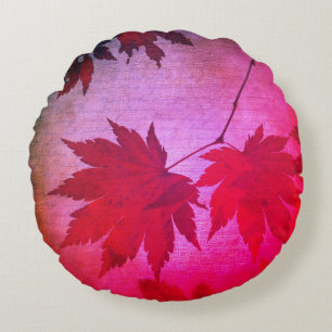 Japanese maple leaves and script fall pink red round cushion