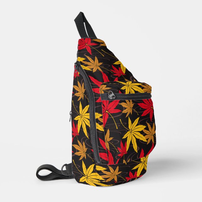 JAPANESE MAPLE PATTERN IN BLACK SLING BAG (Left Corner)